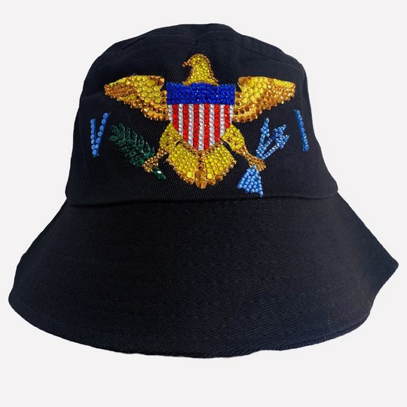BLACK US VIRGIN ISLANDS BUCKET HAT CUSTOMIZED IN RHINESTONES - Picture 1 of 4